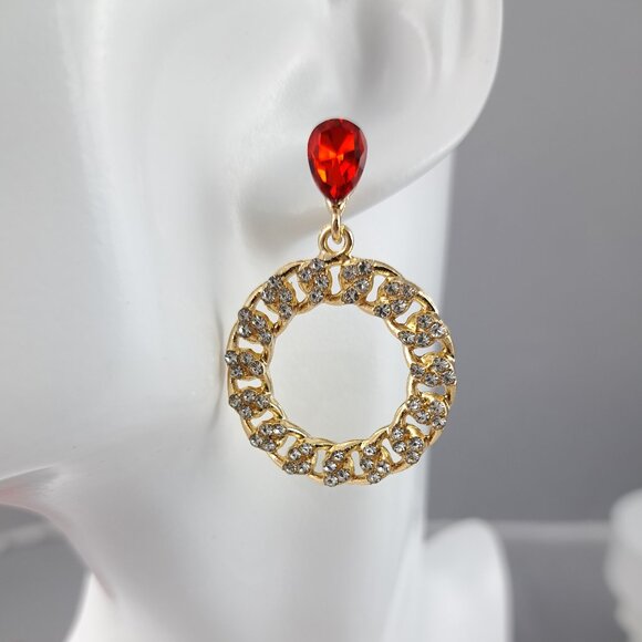 Clear-Stone Accented Gold Chain & Ruby Gemstone Earrings - Picture 2 of 4